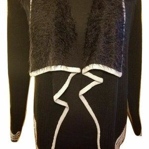 Candies Cropped Waterfall Fuzzy Knit Cardigan Sweater - Black & White - XS